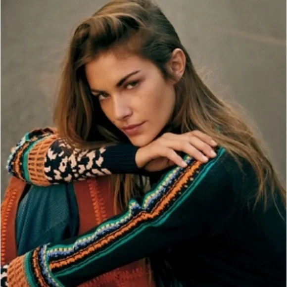 Free People Black Long Sleeve Switch it up Thermal Top Colorful Stripe Small - Picture 3 of 13